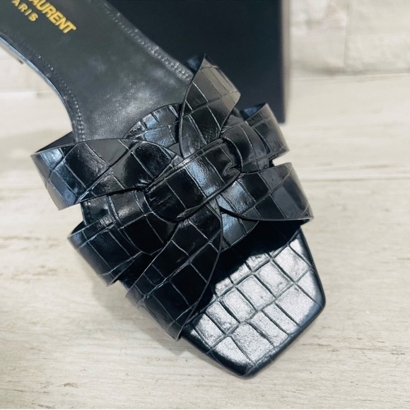 Saint Laurent Size 37 YSL Leather TRIBUTE Black Croc Embossed Flat Slide Sandals - Picture 12 of 13